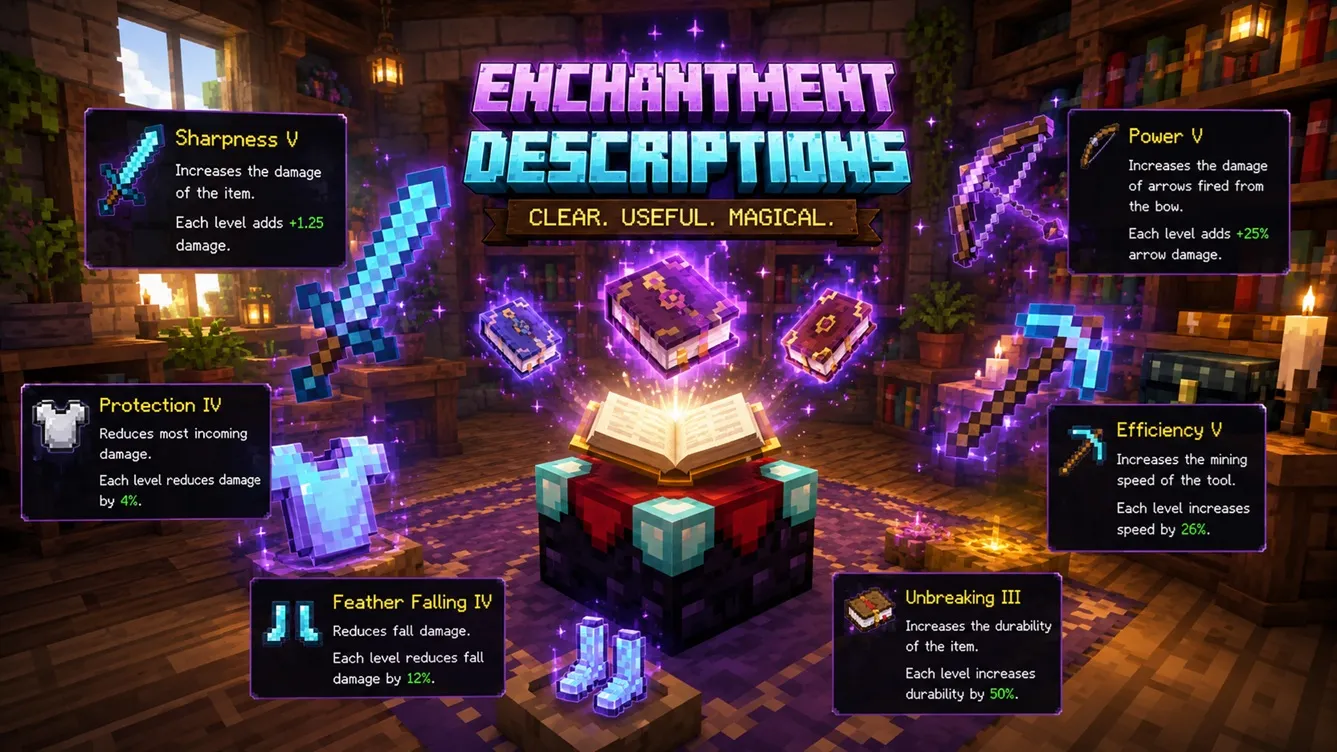 Enchantment Descriptions для Minecraft Java: понятные описания зачарований прямо в игре