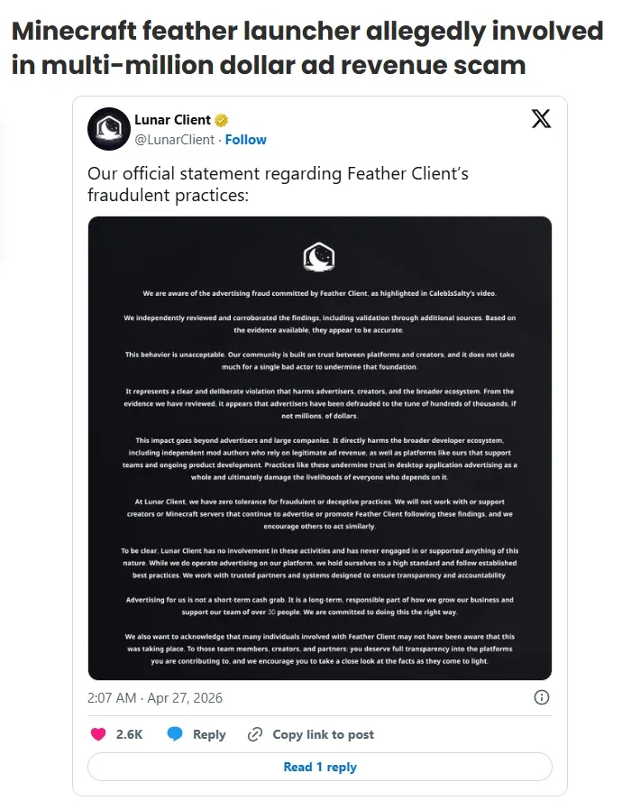 Популярный лаунчер Minecraft Feather предположительно причастен к многомиллионной афере